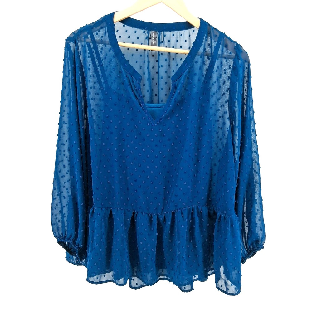 Massini Navy Blue‎ Sheer Top with Cami Womens Plus Sz 2X Boho Peasant Romantic